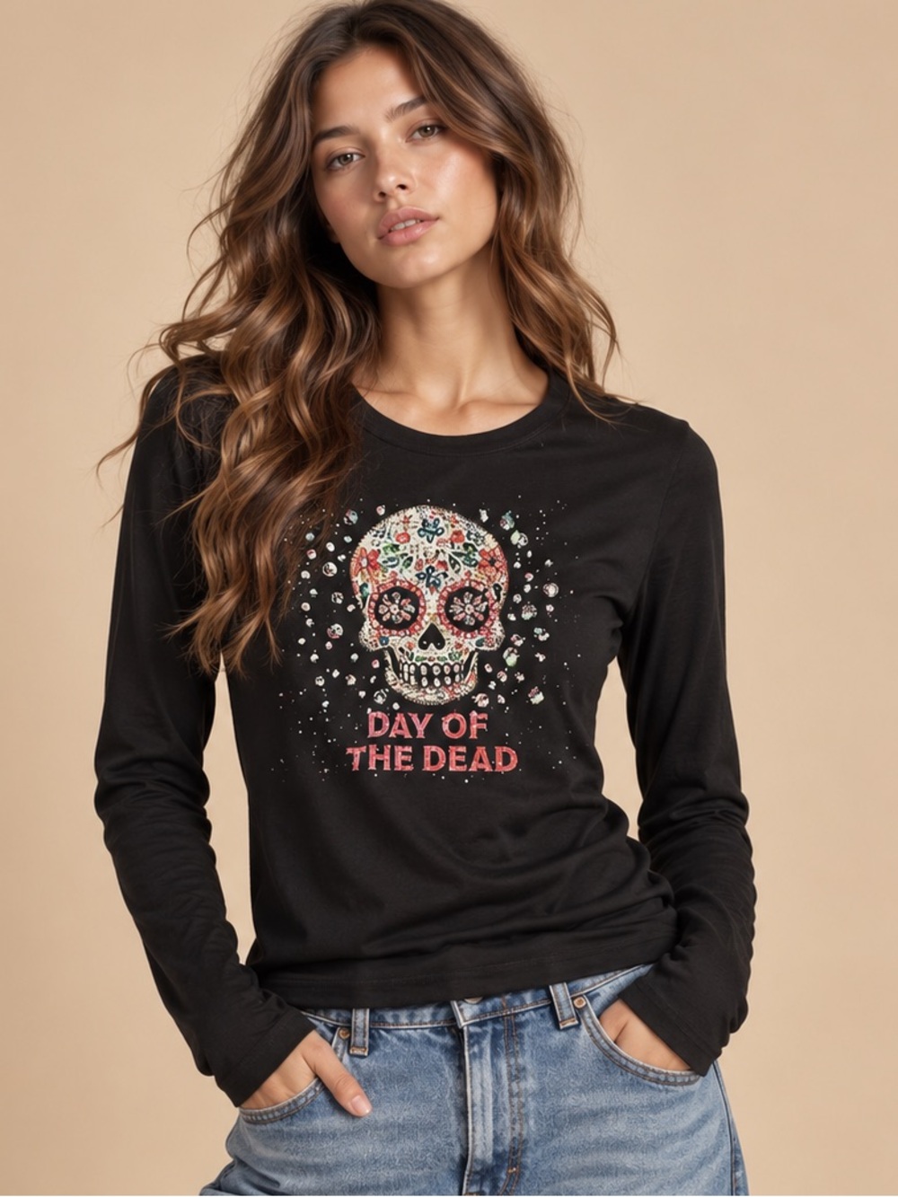 Day of the Dead Sugar Skull Graphic Tee XL Gothic Halloween Long Sleeve